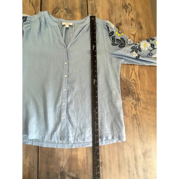 Charter Club Linen Tunic Button Up Blouse Womens M Blue Balloon Sleeve Floral - Picture 7 of 7